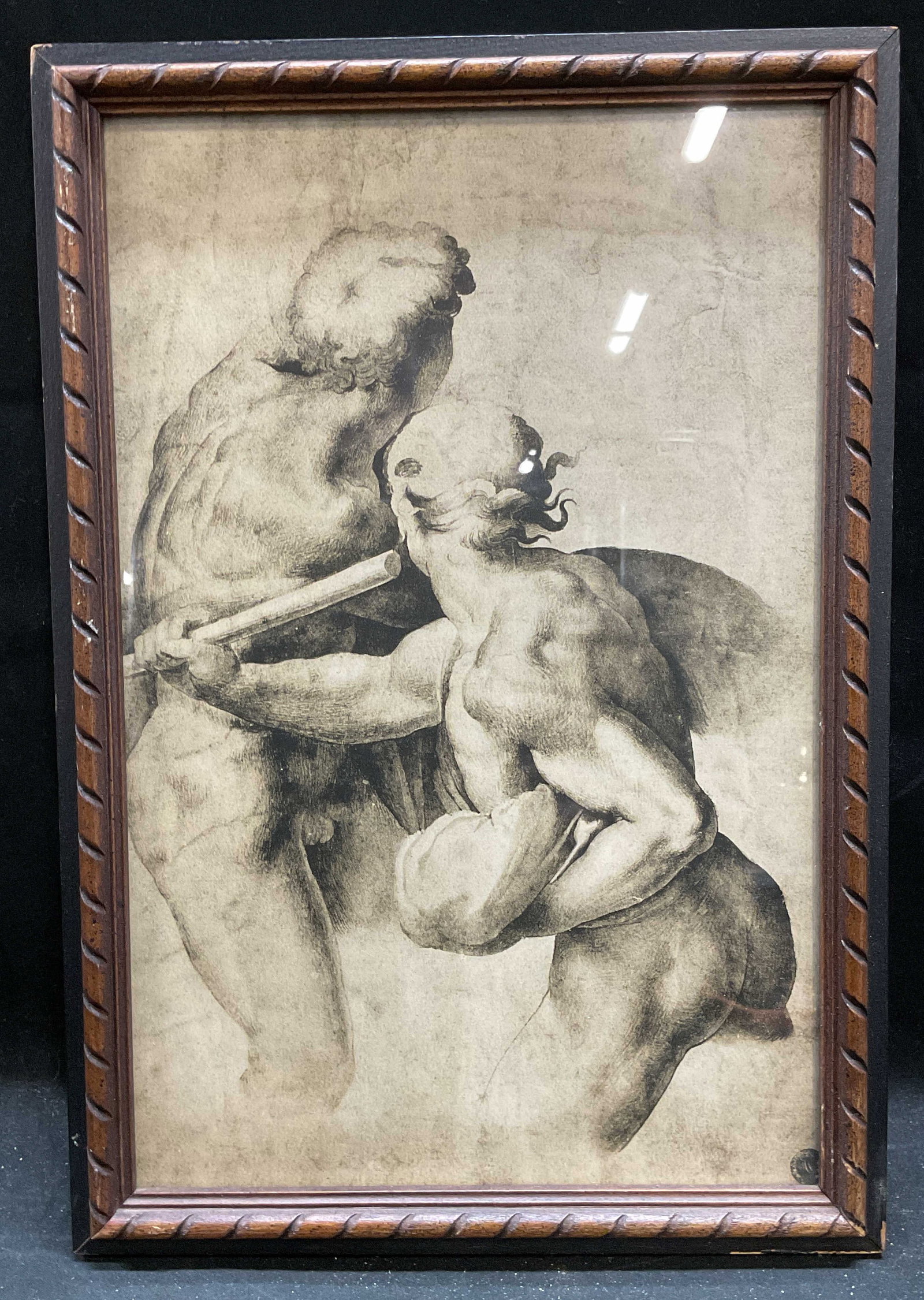 Framed After Michelangelo Two Men Litho: Framed lithograph on paper. After Michelangelo, figure study. Two nude men. Wood frame. Not examined out of frame. Frame measures approx 13.5 x 9.5 inches. Publishers mark at lower right, illegible. S