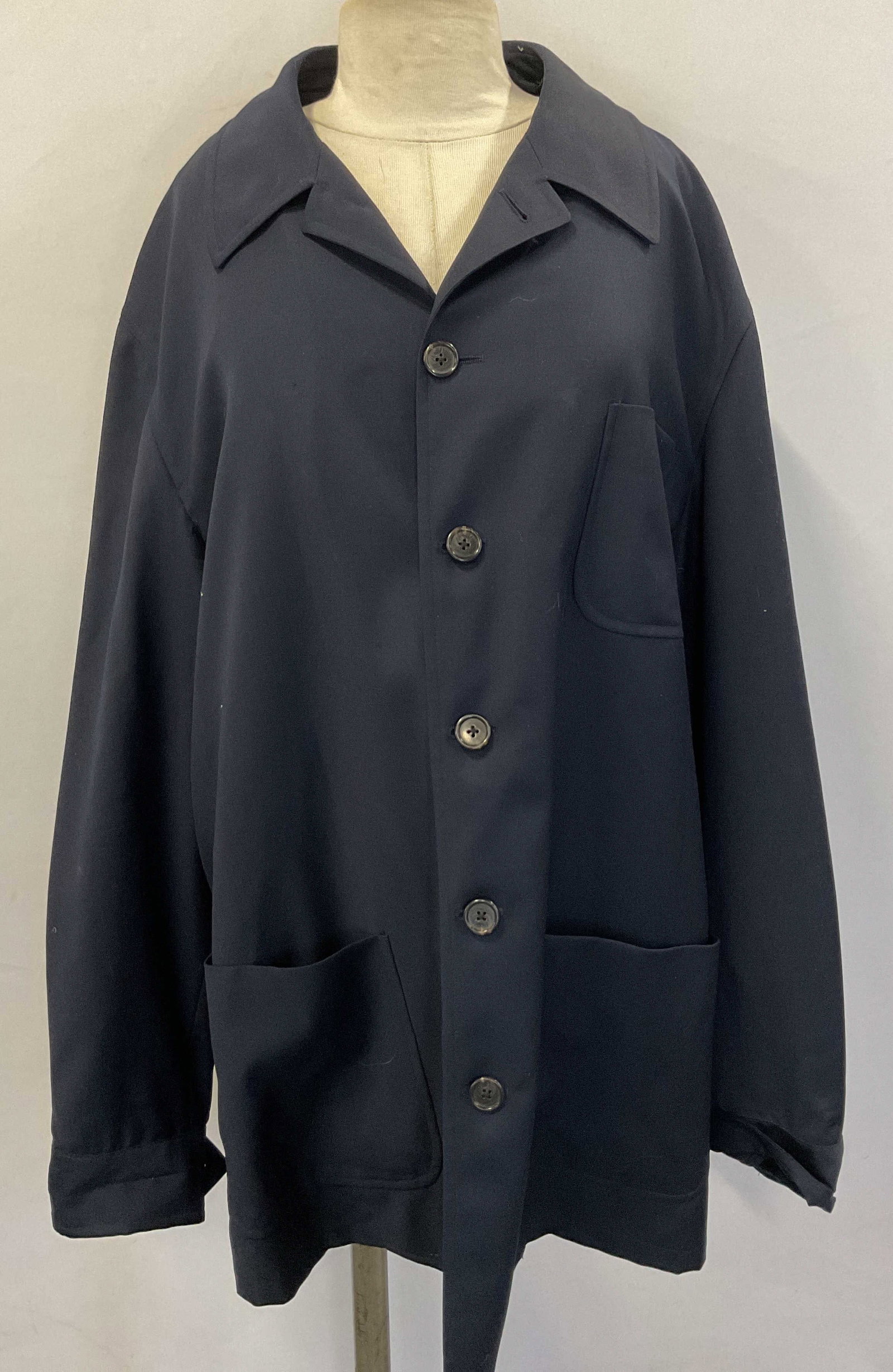 Vtg Salvatore J. Cesarani Long Coat Italy: Vintage Salvatore J. Cesarani polyester long coat/shirt. 1 inner pocket, 2 front pockets. 25 inches across chest. No material tag present, appears to be polyester or synthetic mix. Button front. Made