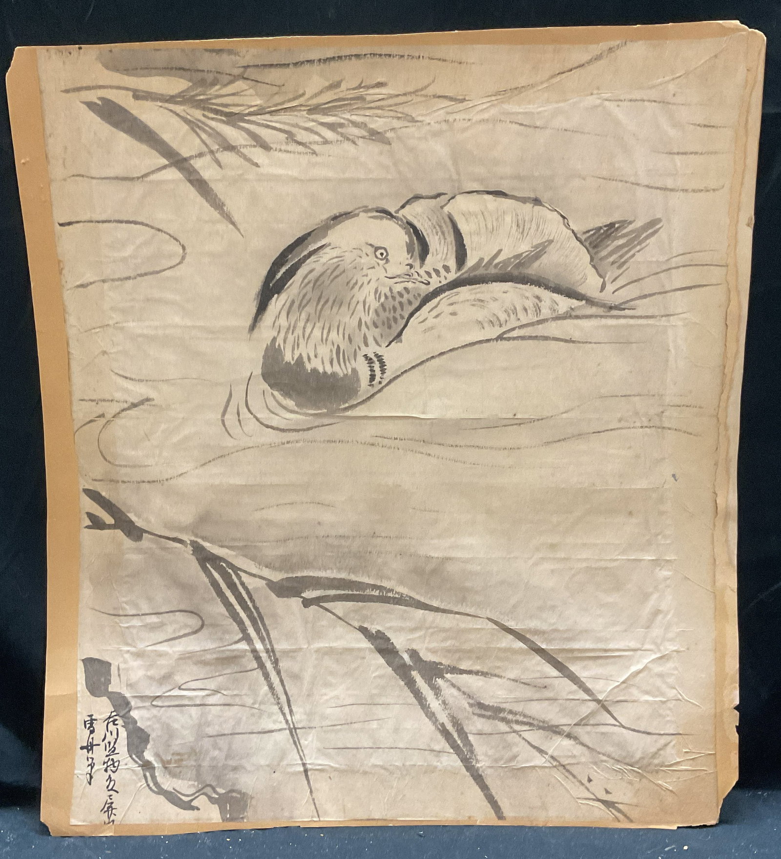 Signed Japanese Bird Ink Painting: Ink painting mounted on paper. Signed at lower left. Traditional scene with bird and plants in black. Total dimensions 19.5 x 17.5 inches. Wear including buckling and discoloration. Art, fine art, hom