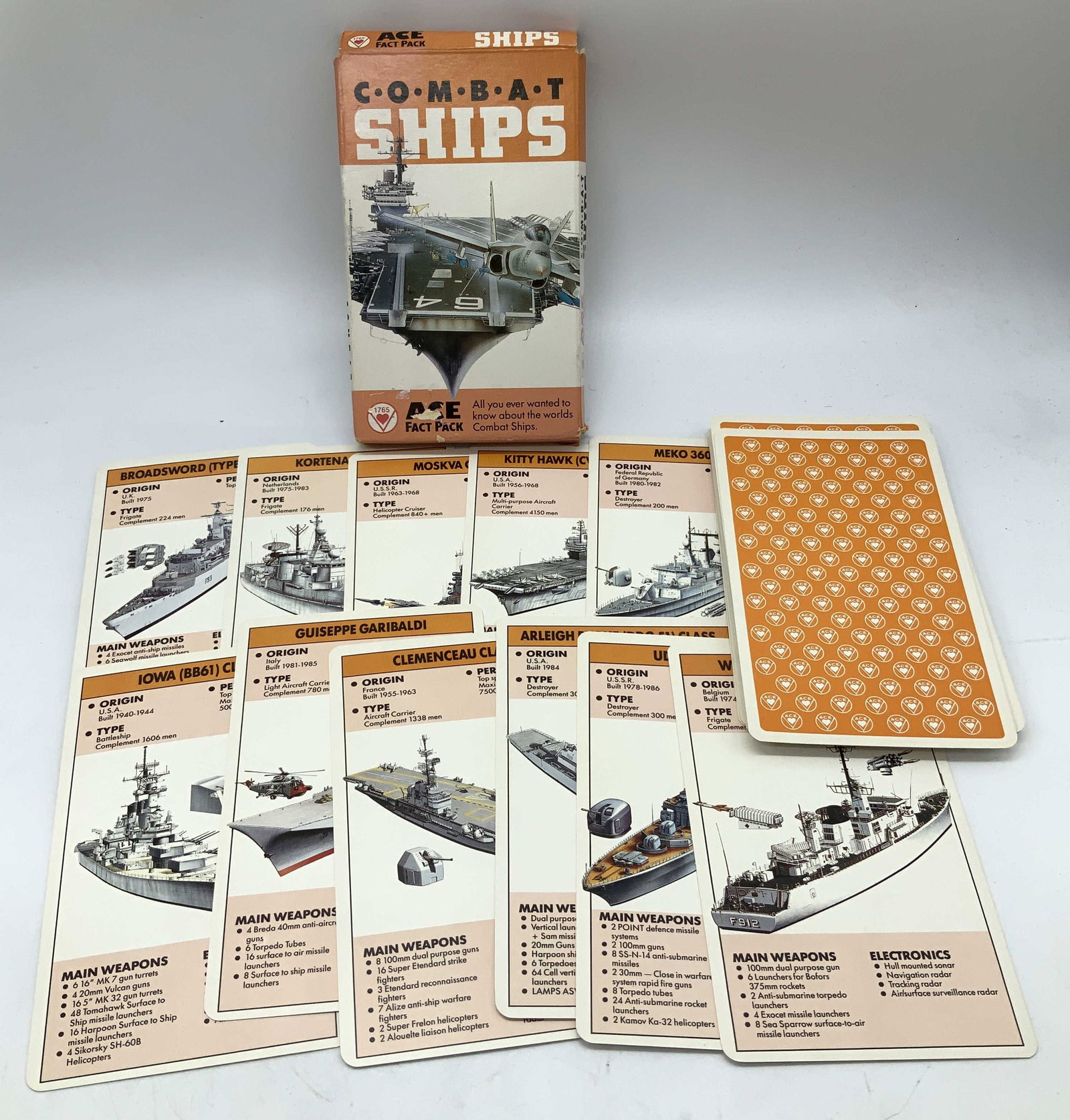 Vntg ACE FAT PACK Combat Ships Card Game FRANCE: Vntg ACE FAT PACK Combat Ships Card Game FRANCE Vintage top-trumps style card game featuring combat ships. Cards feature illustrations of large ships and descriptions. MADE IN FRANCE. Surface wear con
