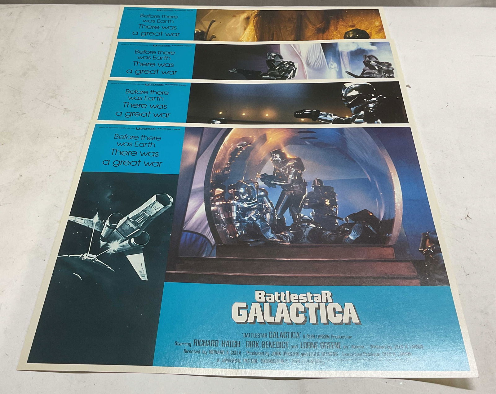 Lot 4 Battlestar Galactica Lobby Card Posters 1979: Lot of 4 1979 Battlestar Galactica lobby card posters. Starring Dirk Benedict, Richard Hatch, Lorne Greene. Directed by Richard A Colla. Measures approx 11 x 14 inches. Some wear to all consistent wit