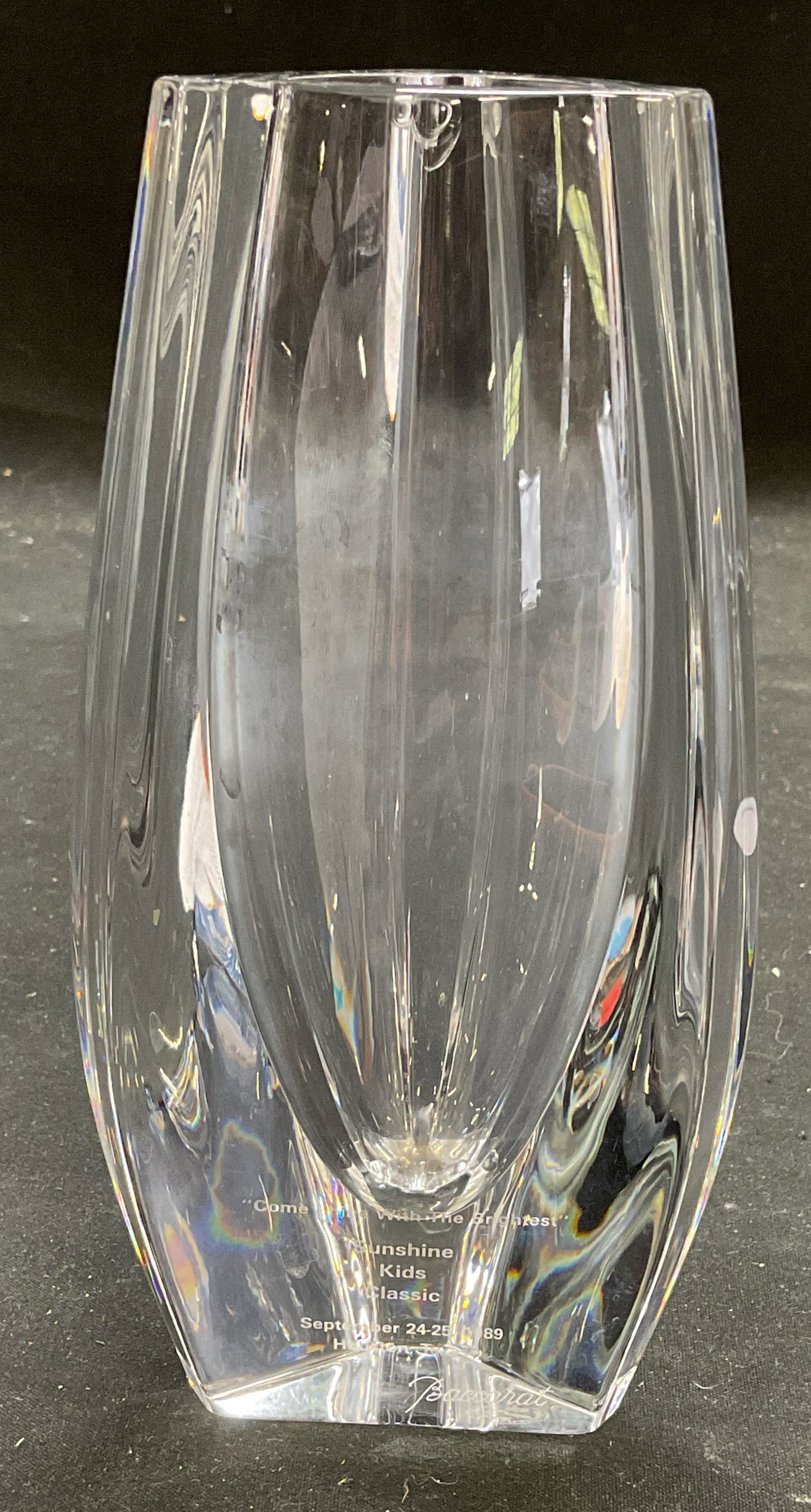 Vtg Baccarat Crystal Bouton D Or Vase, France: Vintage Baccarat Crystal vase. Bouton D Or pattern. Triangular tapered shaped. Engraved at base, Sunshine Kids Classic, 1989. Signed. Made in France. Measures approx 3 x 2 x 6 inches. Thick walled cry
