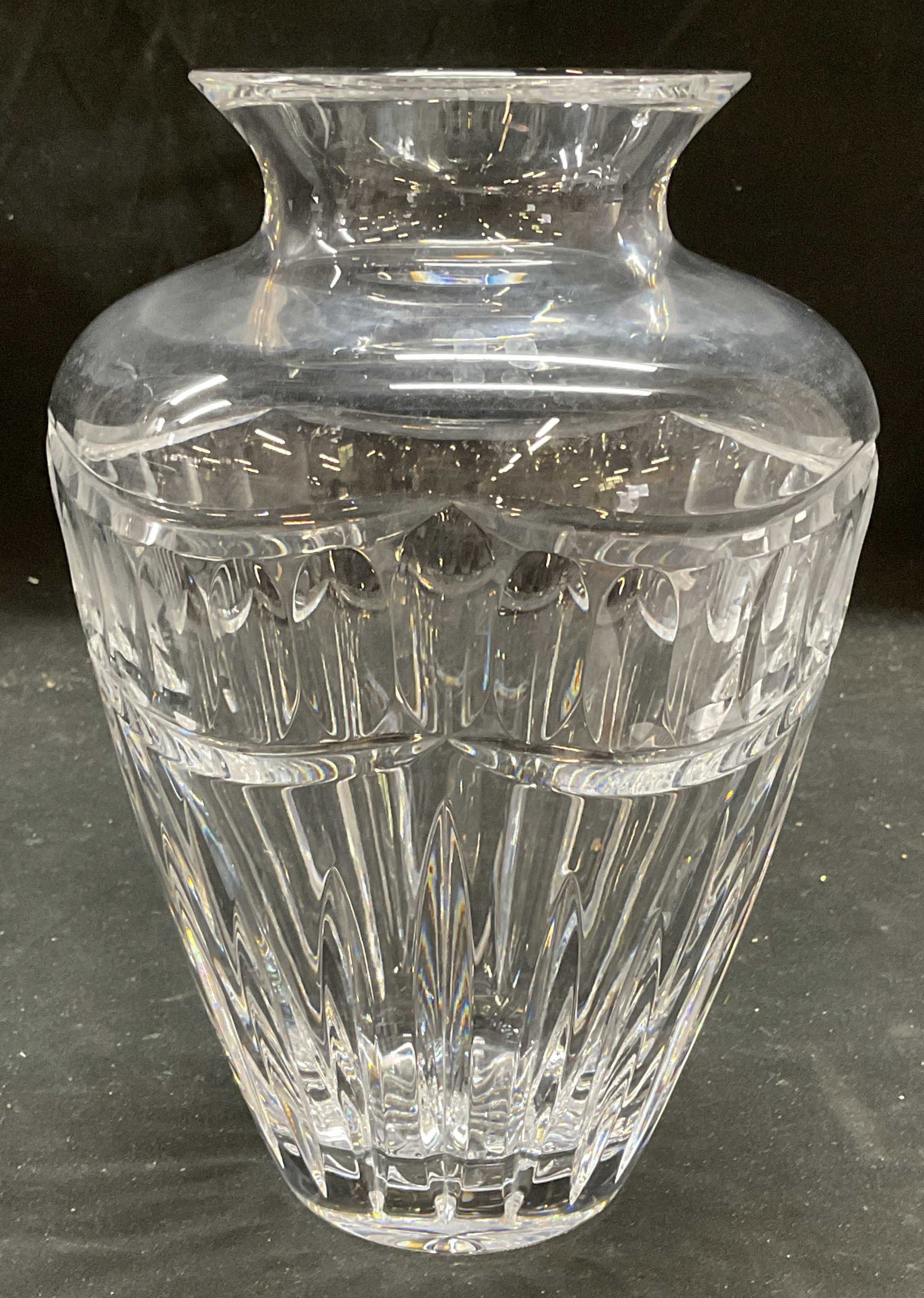 Waterford Crystal Pompeii Collection Vase: Waterford Crystal vase. Pompeii Collection. Notched and faceted pattern. Signed. Measures approx 5.5 x 8 inches. Thick walled crystal, piece has weight. Small chips at rim. Waterford, Waterford vase,