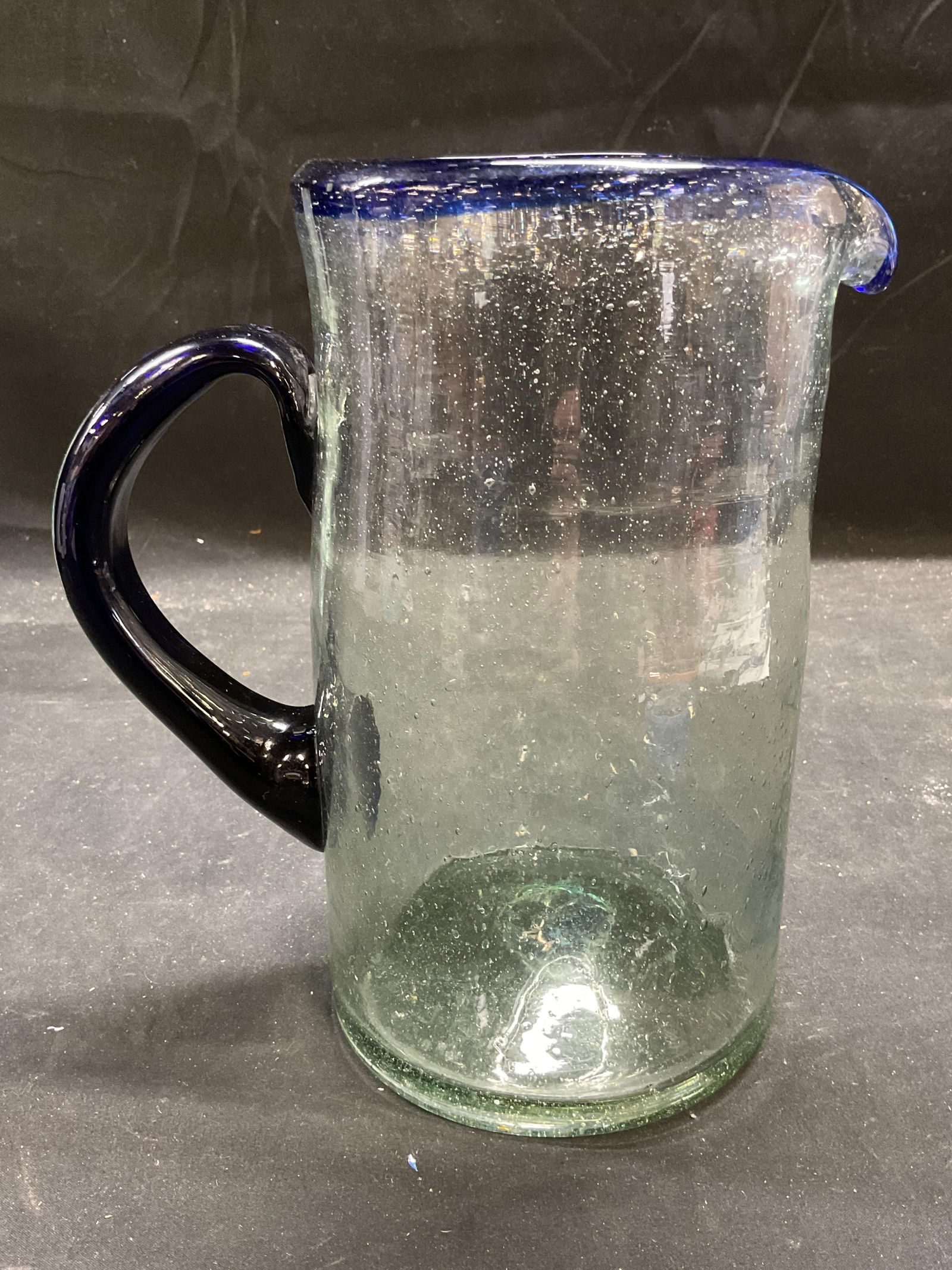 Hand Blown Green Cobalt Art Glass Pitcher (1 of 6)