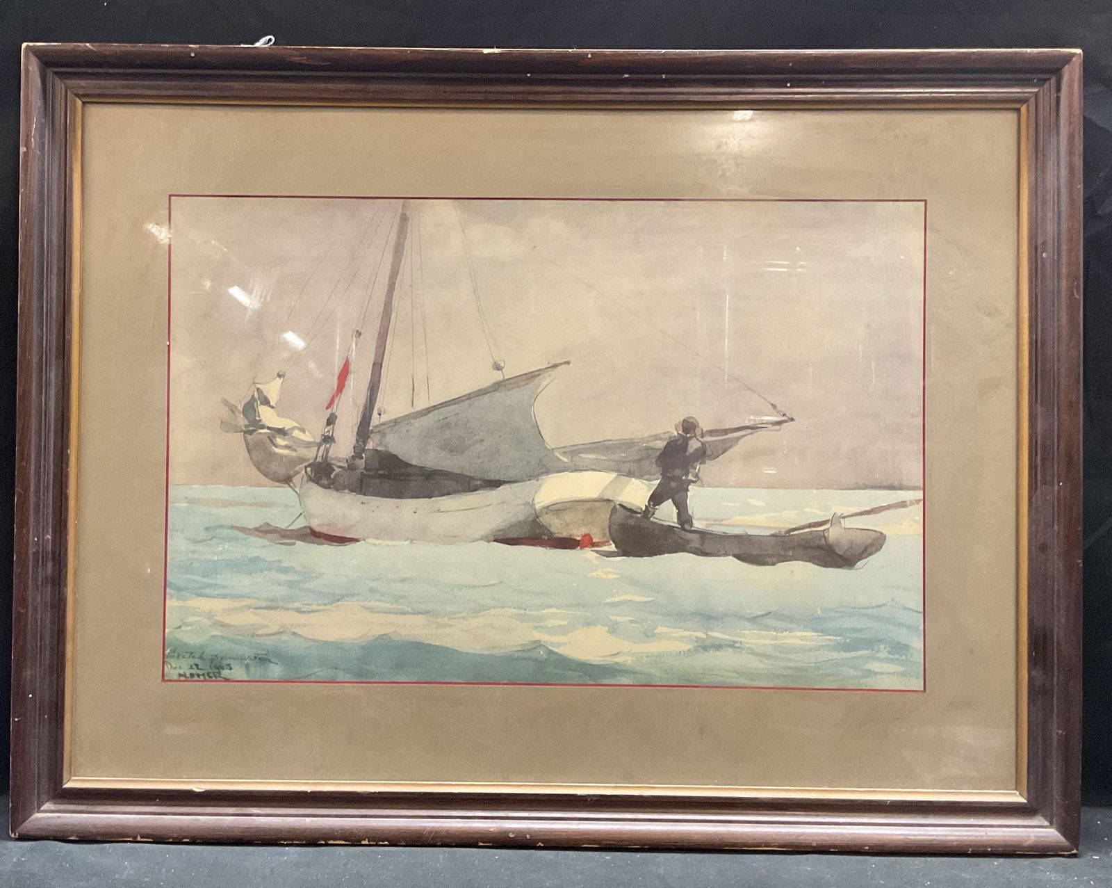 After Winslow Home Stowing Sail Lithograph: Framed and matted lithograph on paper. after Winslow Homer, Stowing Sail. Maritime scene with figure and boats on water. Wood frame. Not examined out of frame. Frame measures approx 22 x 29.25 inches.