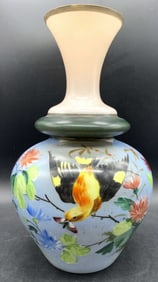 Hand Painted Art Glass Vase Floral & Bird 13in