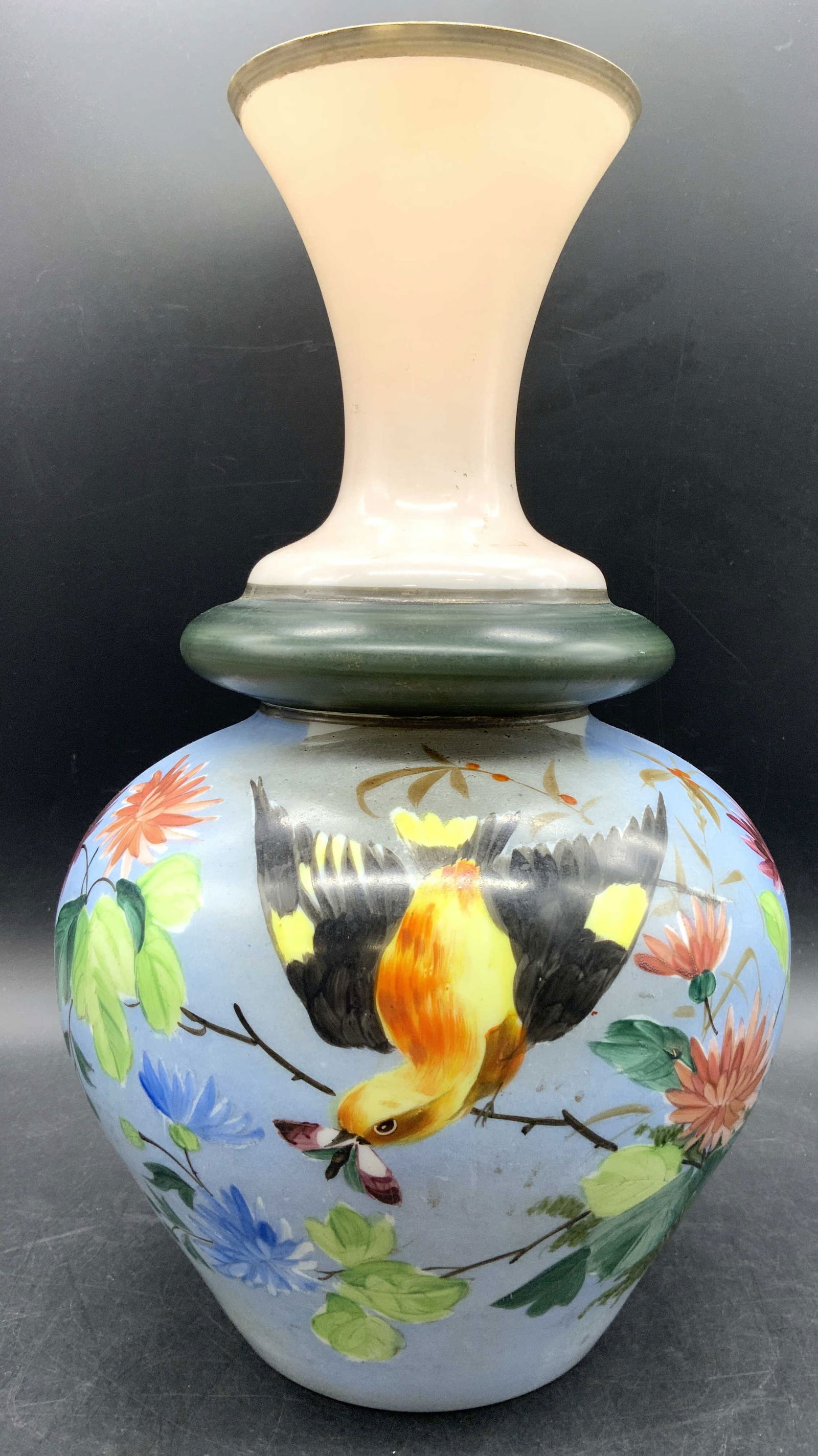 Hand Painted Art Glass Vase Floral & Bird 13in
