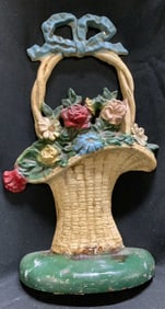 Vntg John Wright Cast Iron Floral Basket Doorstop