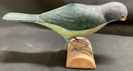 Hand Carved Wooden Green Catbird Sculpture