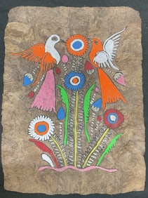 Birds & Flowers Painting on Handmade Paper 14in