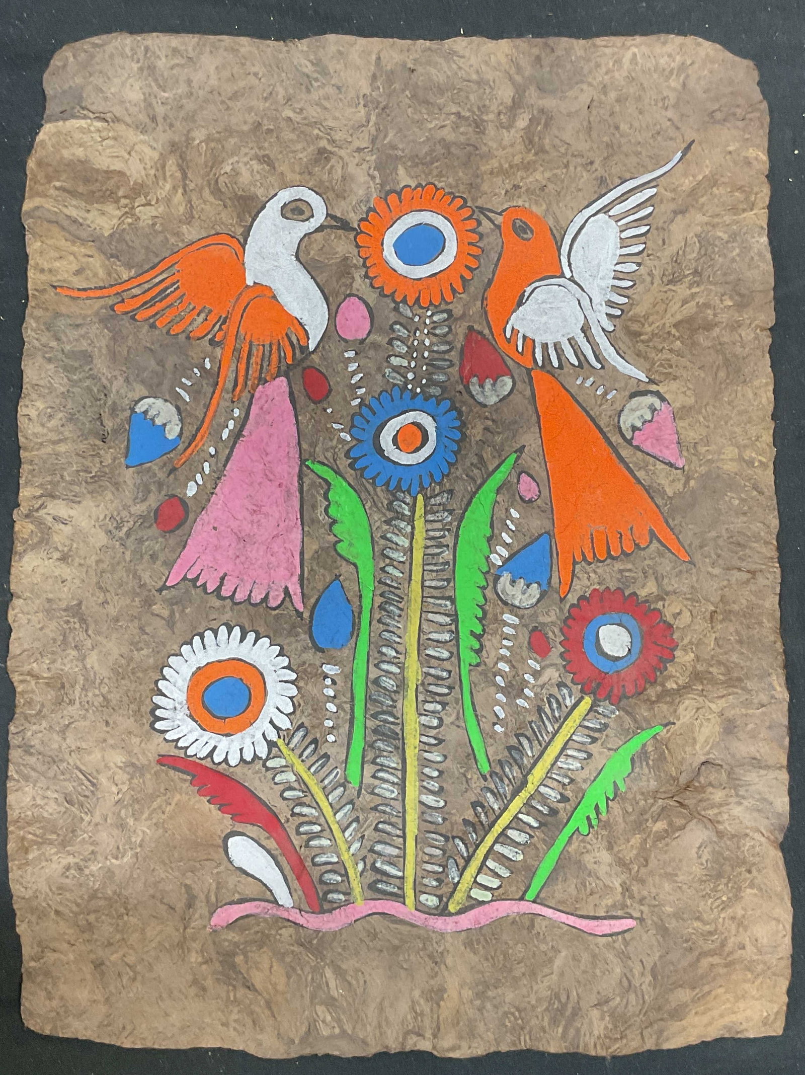Birds & Flowers Painting on Handmade Paper 14in: Painting on handmade paper. Appears to gouache or watercolor. Bird and flowers in brightly colored palette of orange, blue, and green. Paper measures approx 14 x 10.5 inches. Some wear consistent with