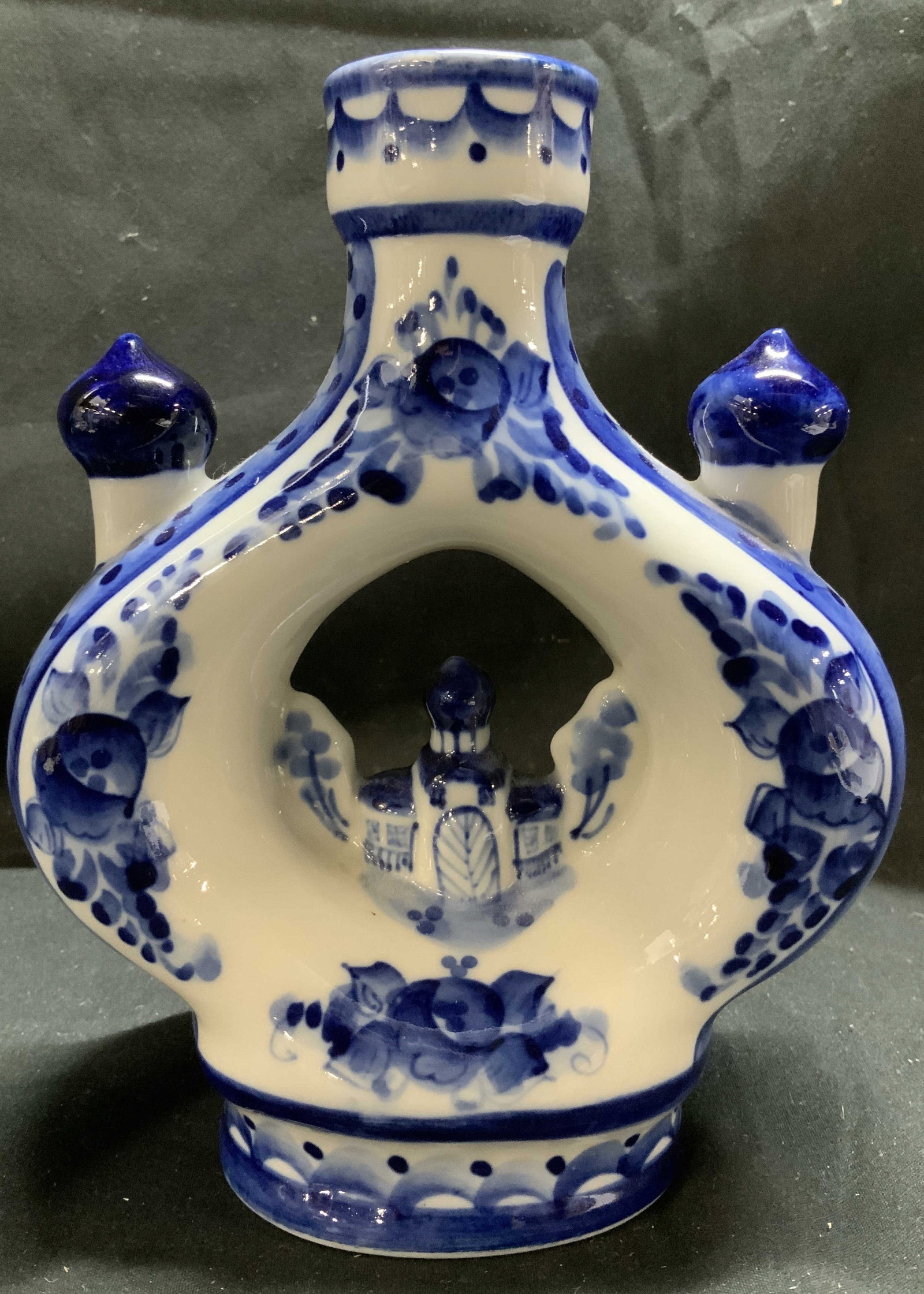 Vntg Zhgel Hand Made Porcelain Vessel RUSSIA: Possible decanter features a central cutout revealing a miniature, sculpted architectural scene. Signed & marked on underside. Reads, ZHGEL HAND MADE RUSSIA. Surface wear consistent to age, use & expo