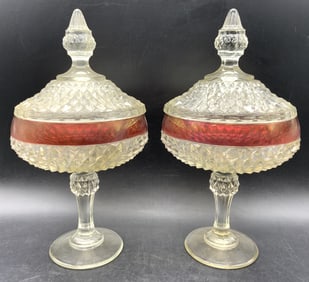 Pr Indiana Gls Vtg Diamond Pnt Ped Cndy Dshs W Lds