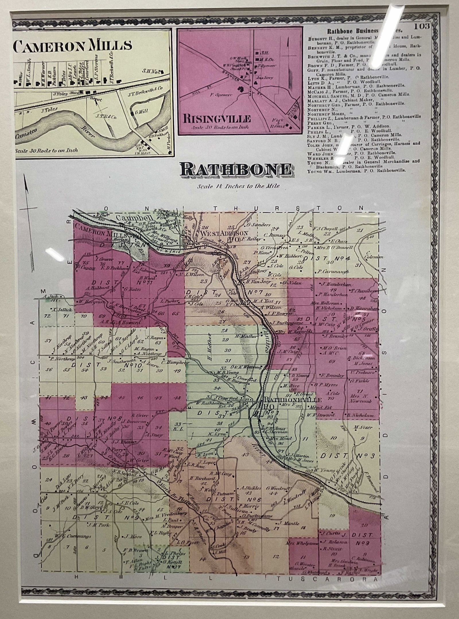 Framed Rathbone N.Y. Historical Map Lithograph: Framed and matted lithograph on paper. Historical map of the town of Rathbone, New York. Labeled and scaled. Wood frame. Not examined out of frame. Frame measures approx 18 x 14 inches. Marked Elizabe