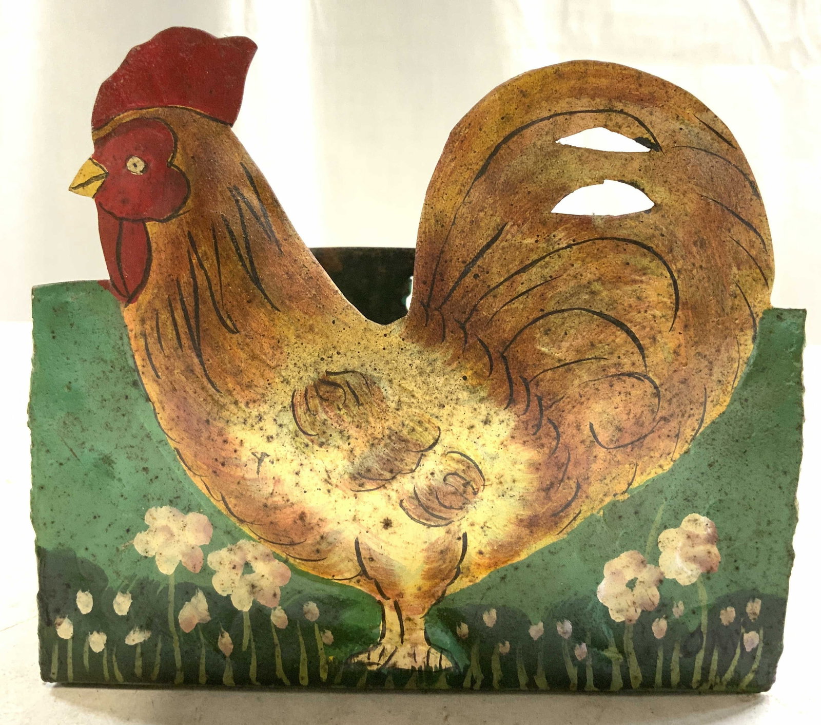 Vtg Hand Painted Farmhouse Tin Rooster Wall Planter: Planter is vintage. Piece is hand painted with rooster and floral detail. Piece is metal appears to be tin. Backside has hole to affix piece to wall. Wall Planter measures approximately 6 inches wide 