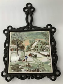 Vntg Cherry Cast Iron Trivet Ceramic Tile JAPAN