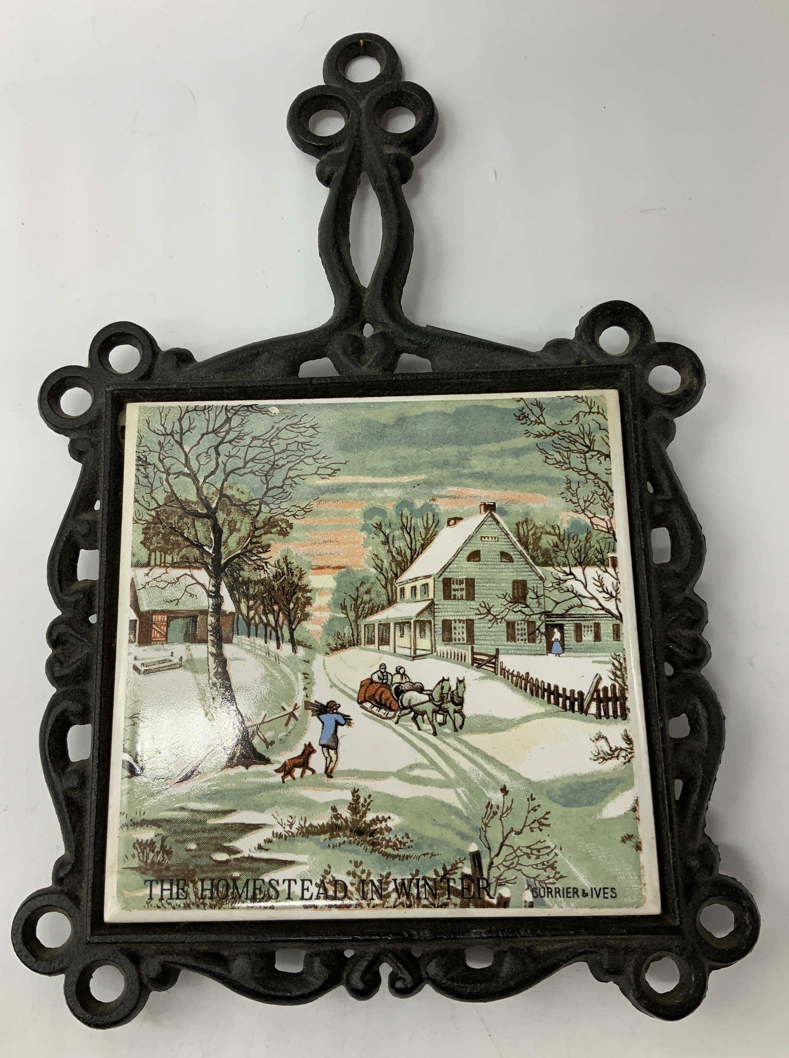 Vntg Cherry Cast Iron Trivet Ceramic Tile JAPAN (1 of 7)