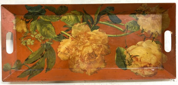 Vntg Toleware Metal Serving Tray Floral Detail 21i