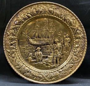 Vtg Brass Relief Sailors Ship Wall Plq England 14i