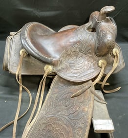Vintage Brown Tooled Leather Horse Saddle