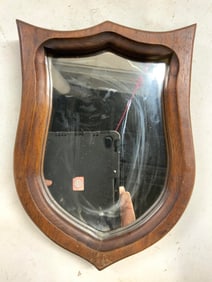 Vtg Wooden Shield Form Frame Wall Mirror 12.5in