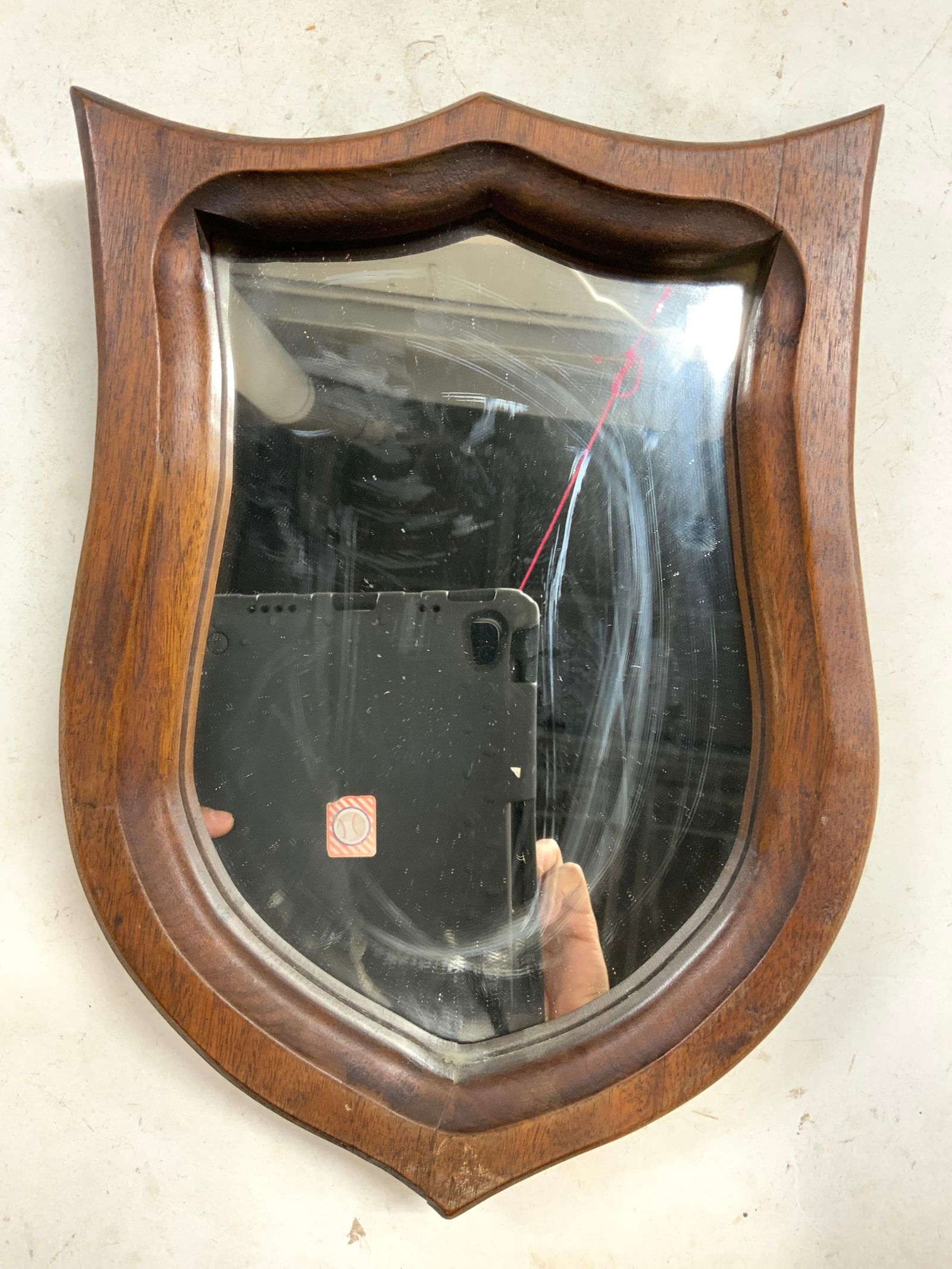 Vtg Wooden Shield Form Frame Wall Mirror 12.5in (1 of 6)