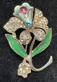 Vintage BM Silver Tone Crystal Flower Brooch