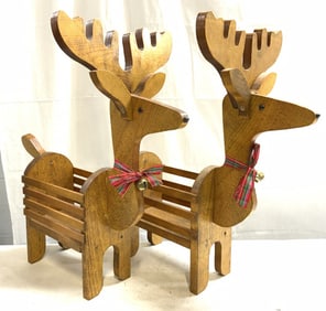 Pr Vtg Wood Holiday Reindeer Planter Holders 22in