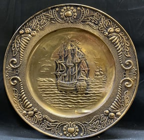 Vintage Brass Relief Ship Wall Plaque England 14in