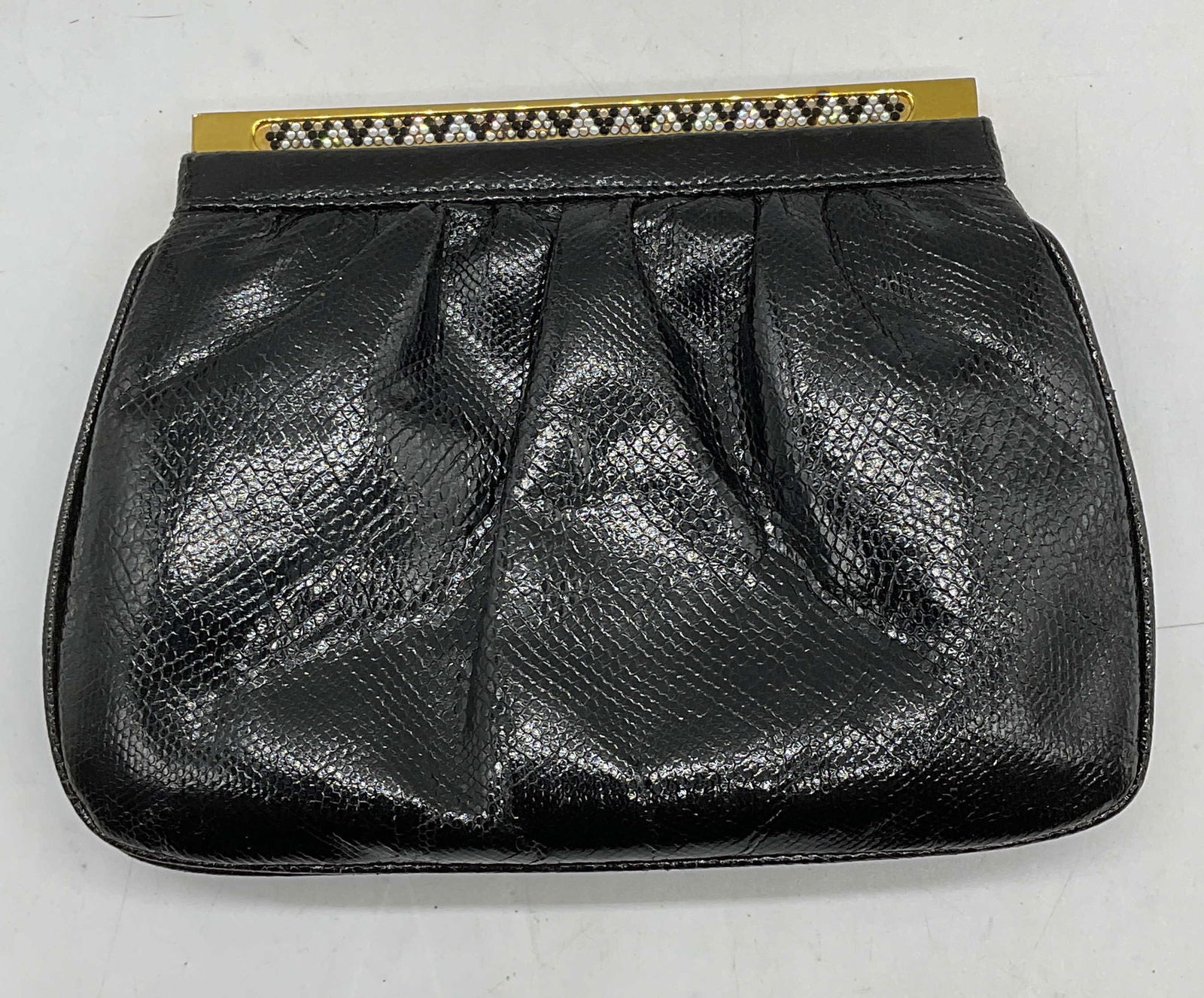 Vtg Y&S Black Reptile Leather Crystal Handbag: Vintage Y & S Original black reptile leather handbag. Gold tone hardware with black and colorless crystal geometric design. Signed on interior leather. Gold tone chain strap. Measures approx 7.5 x 2 x