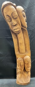 Tribal Carved Wood Head Totem Sculpture 29in
