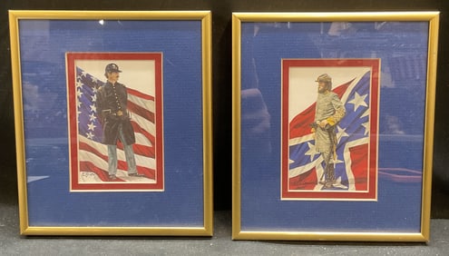 Pair Earl Cacho Civil War Soldier Lithographs