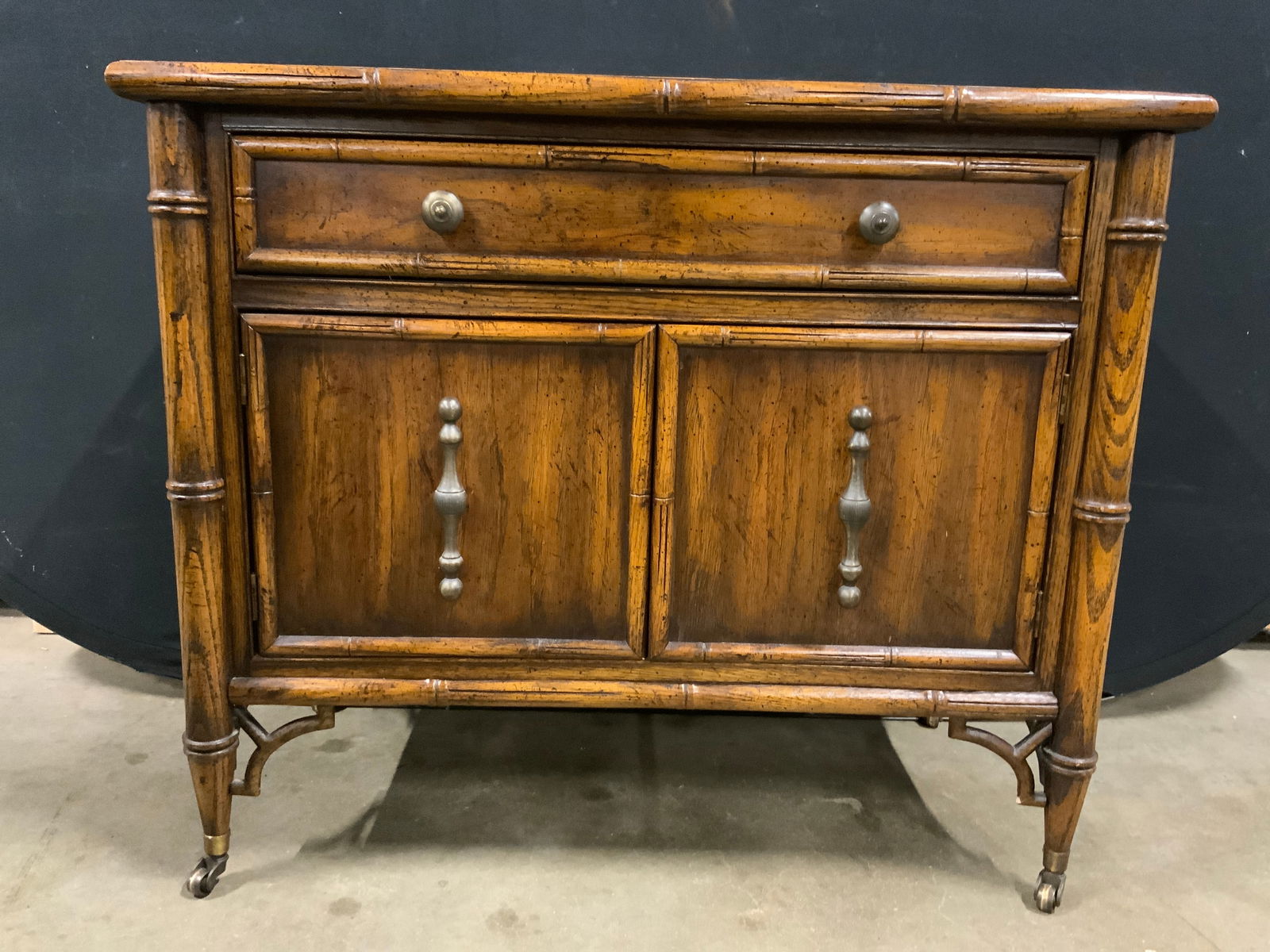 NATIONAL MT AIRY Pr Vtg Bamboo Sd Tbls On Casters (1 of 13)