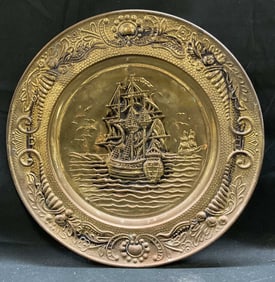 Vintage Brass Relief Ship Wall Plaque England 14in