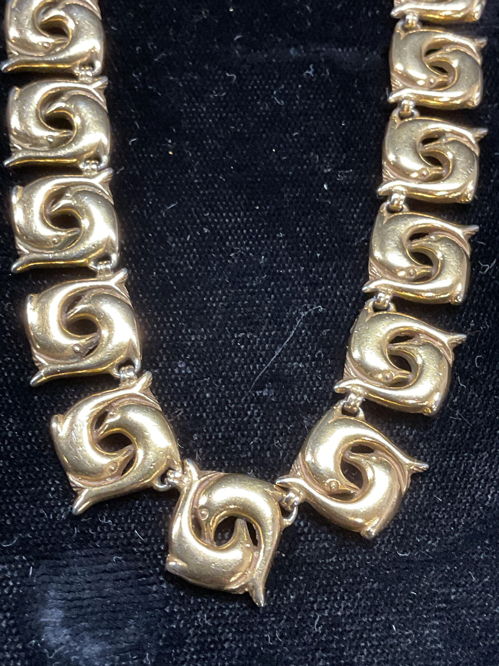 Vintage Gold Tone Dolphin Choker Necklace: Vintage gold tone dolphin motif panel choker necklace. Drop length approx 7 inches. Some wear including scratching observed. Jewelry, estate jewelry, costume jewelry, fashion jewelry, cocktail jewelry