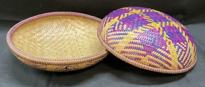 Pair Woven Purple Geometric Straw Baskets