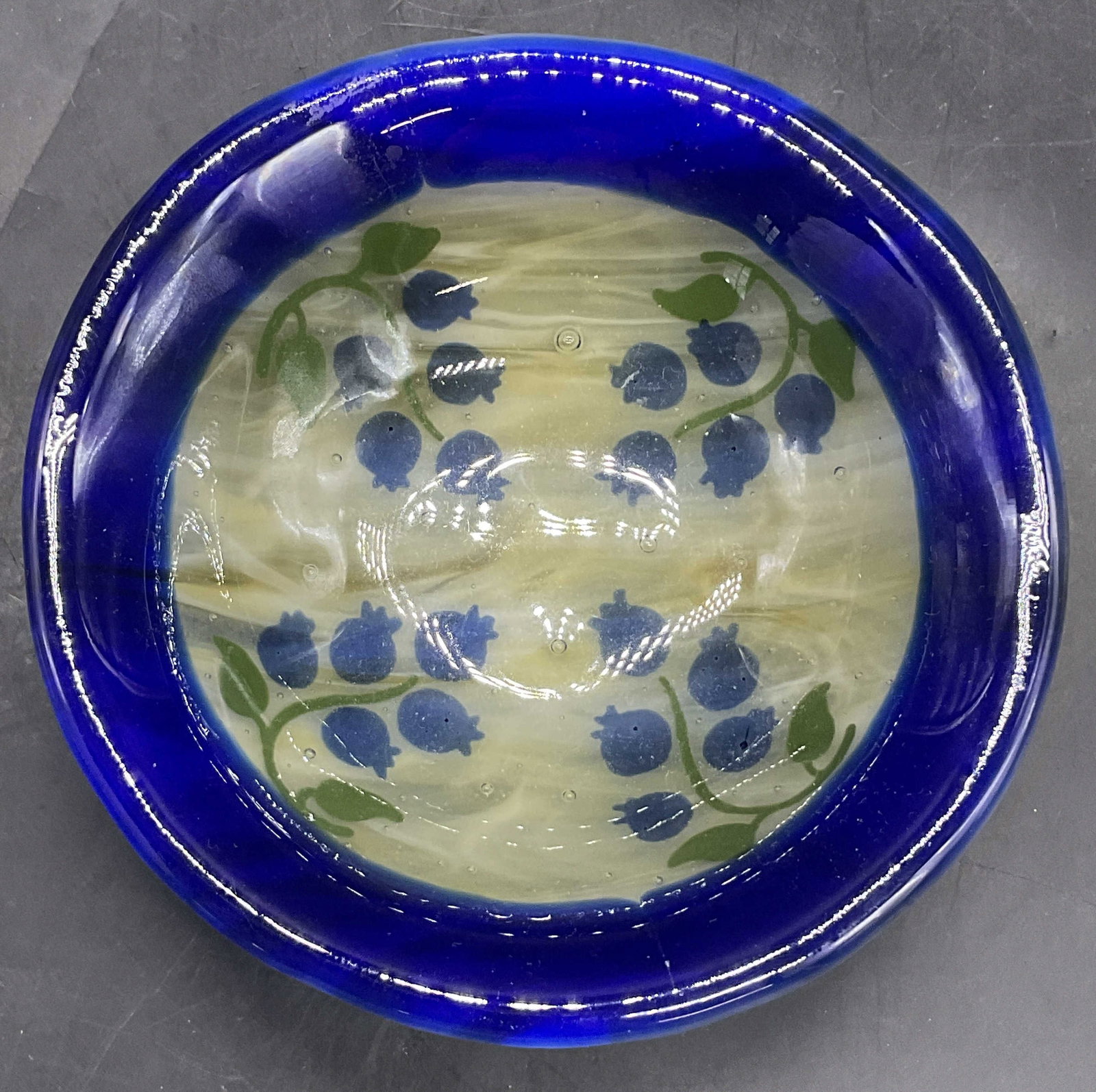 Vintage Blueberry Motif Art Glass Trinket Dish: Vintage Blueberry Motif Art Glass Trinket Dish. Measures approx. 1.25H x 5.25W in. Bubbles to the glass. Chipping and surface wear present. home decor, home accents, homewares, housewares, home access