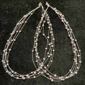 Lot 2 Silver Tone Wire Pearl Necklaces