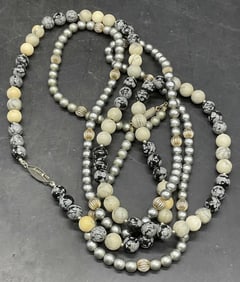 2 Vntg Natural Stone & Silver Tn Metal Necklaces