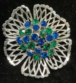 Silver Tone Blue Green Crystal Flower Brooch