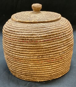 Vintage Lidded Woven Straw Basket