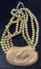 Vintage Green Beaded Brass Pendant Necklace