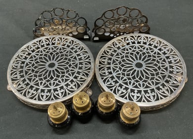 Grp  8 Silver Plt Trivet, Napkin Holders, Shakers