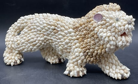 Vtg Handmade Folk Art Lion Figural Shell Sculpture