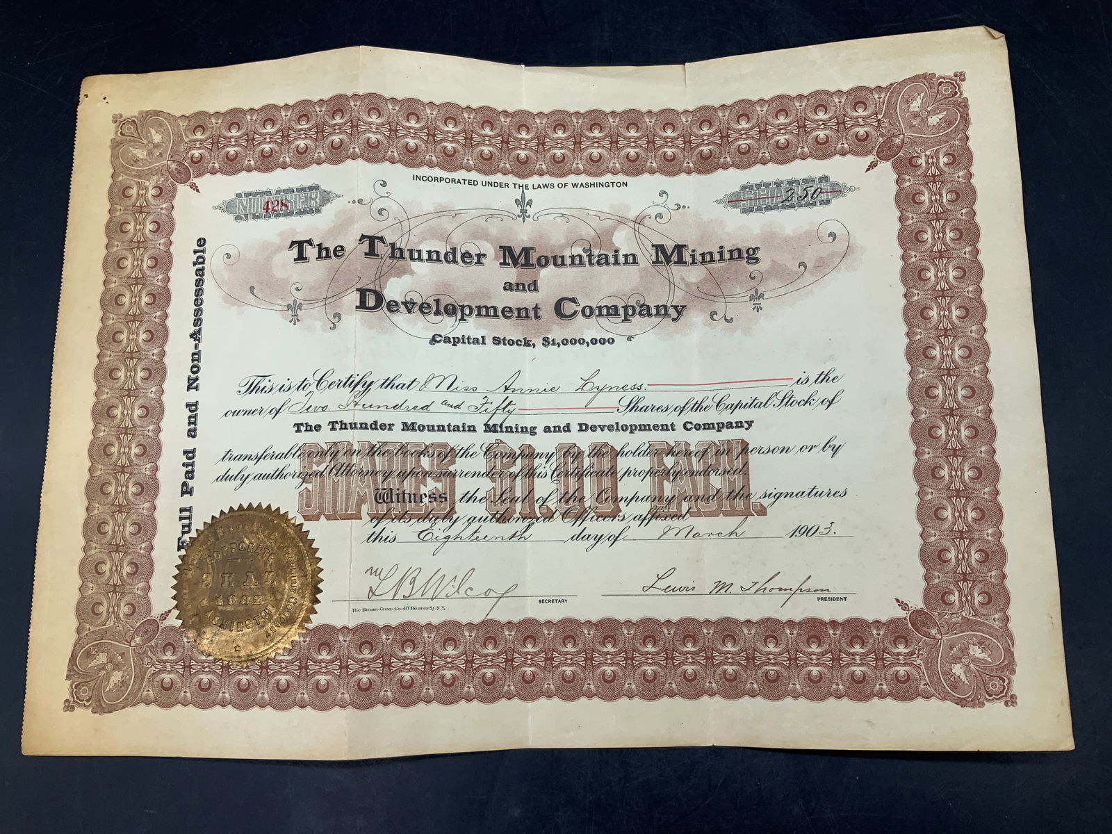 SIGNED 1903 Thunder Mountain Mining Stock Certifc. (1 of 7)
