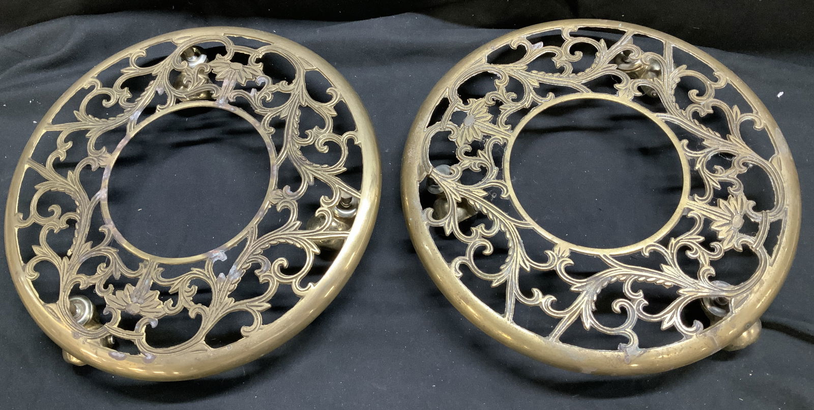 Vntg Pair of Brass Ornate Rolling Plant Stands (1 of 8)