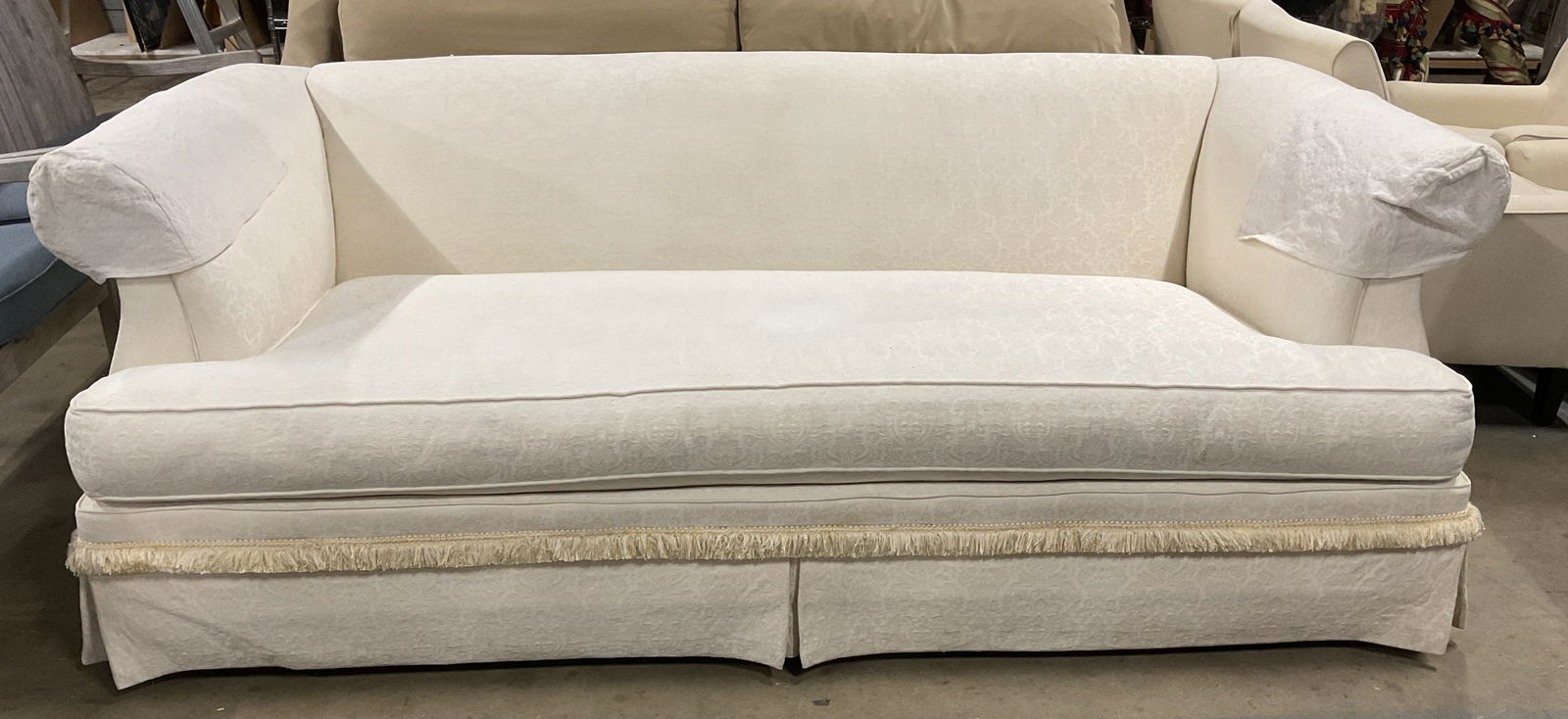 White Damask Upholstered Sofa, 84 Inches L (1 of 9)