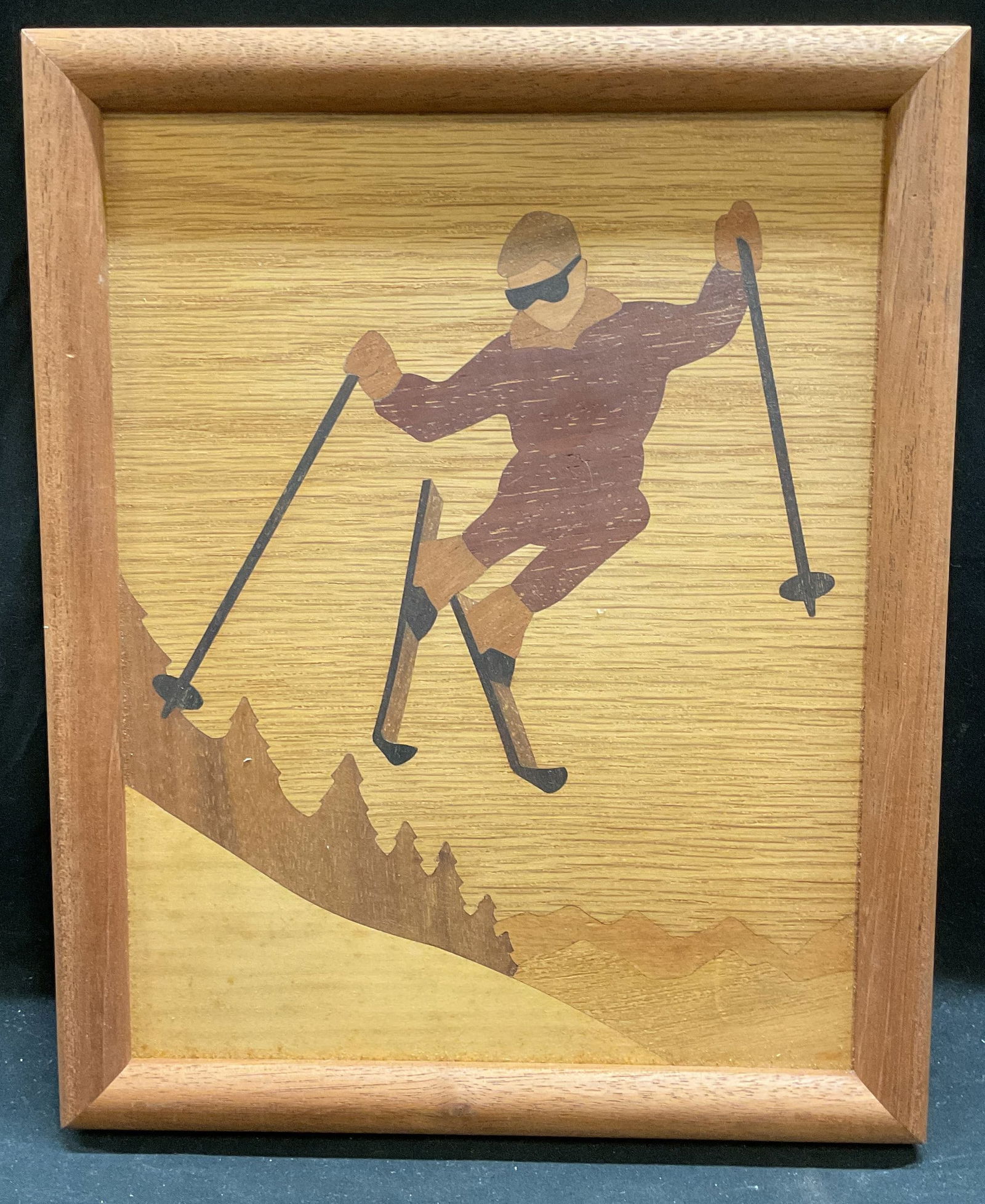 Framed Skiing Inlaid Wood Panel: Framed inlaid wood panel. Man Skiing. Wood frame. Not examined out of frame. Frame measures approx 10.75 x 8.75 inches. Some wear consistent with exposure. Art, framed art, home decor, home accessorie