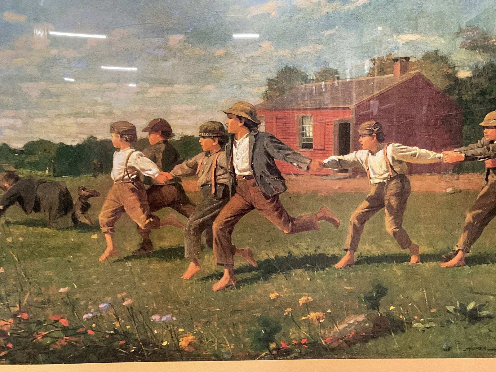 Winslow Homer American Painting MMA Poster 1986 XL: 1986 Metropolitan Museum of Art lithograph poster. Winslow Homer, American Paintings. Snap The Whip. Group of children playing. Gold tone metal frame. Not examined out of frame. Frame measures approx