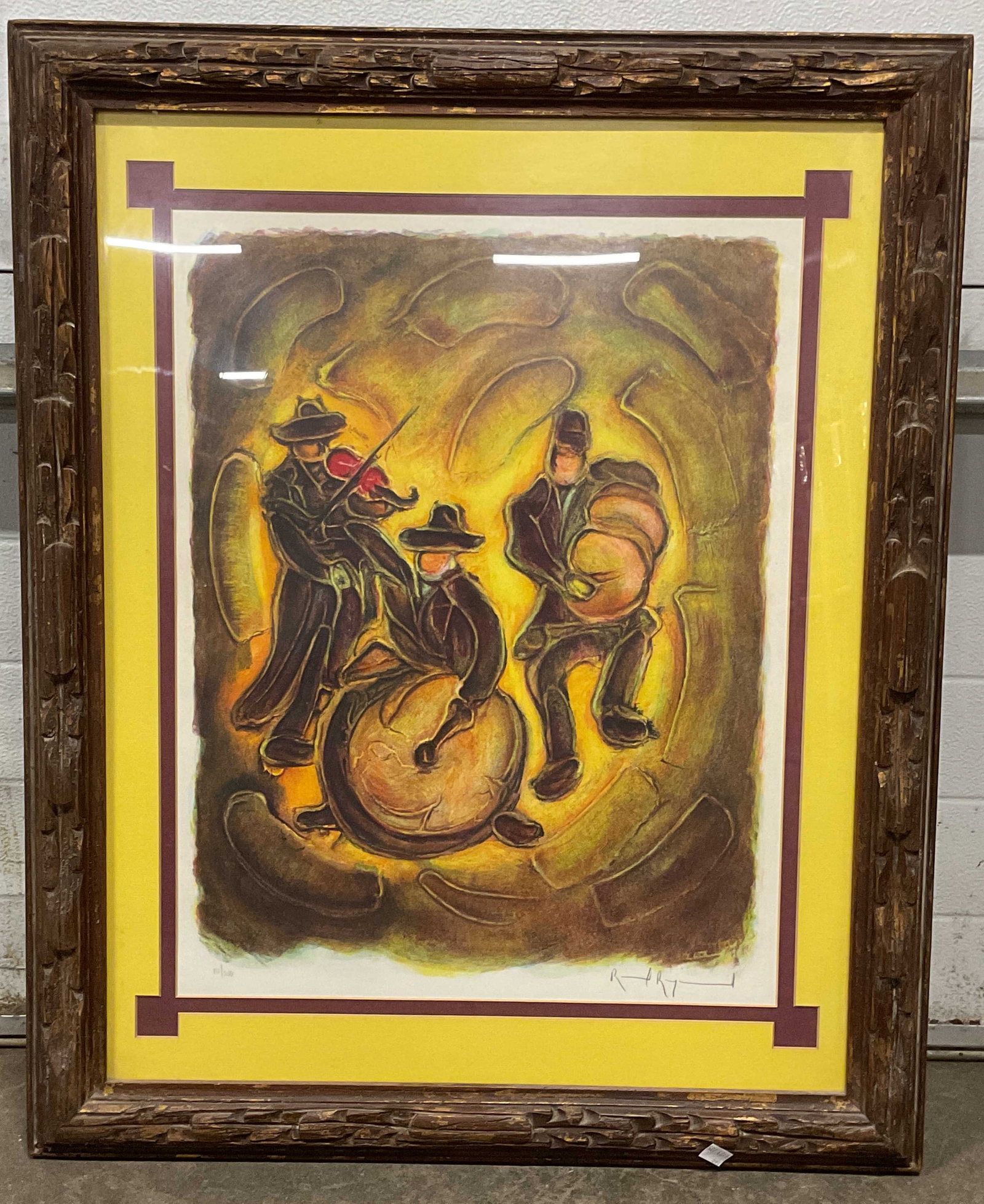 Signed Raoul Raymond Jewish Musicians Litho 32in: Framed and matted lithograph on paper. Signed Raoul Raymond (Romanian, b. 1948). Raoul Raymond is a listed artist known for his traditional Jewish and Israeli scenes. Jewish Musicians. Edition number 